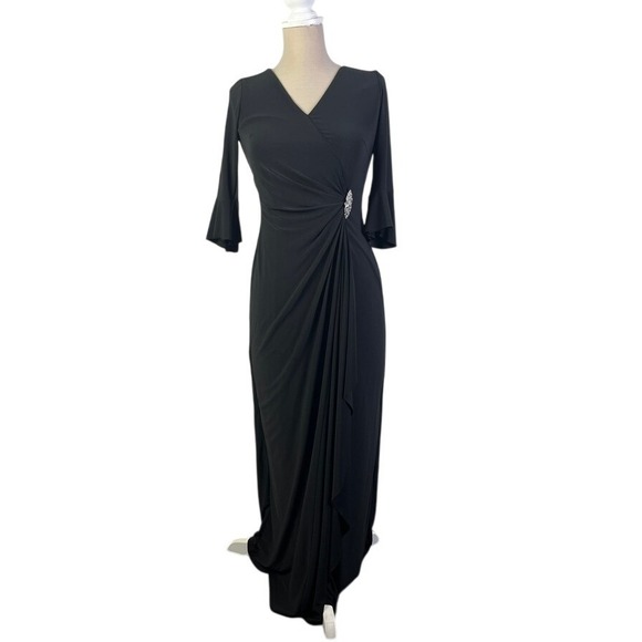 Lauren Ralph Lauren Gown Evening Whimsigoth Dress Bell Sleeve Rhinestone Black 2 - Picture 1 of 5